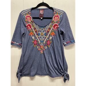 Johnny Was Women's Top XS Embroidered Blouse Heathered Blue Side Ties